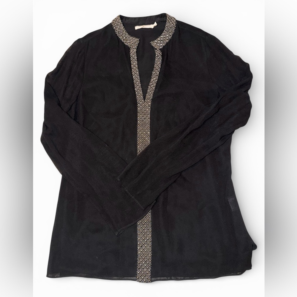 Tory Burch Black Silk tunic Top. Studs sheer sleeve size 8